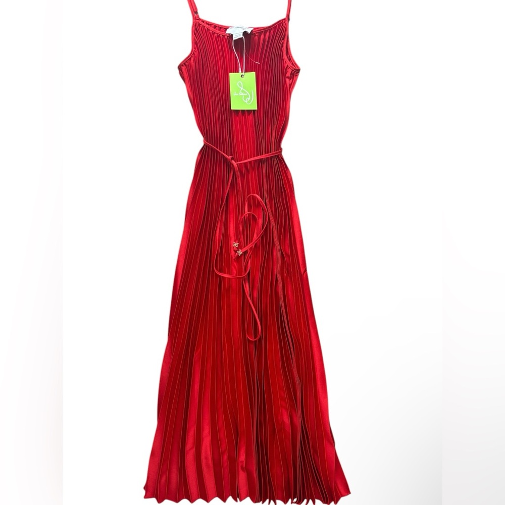 NEW Sam Edelman Accordion Pleated Satin Plisse Maxi Dress Vibrant Red Large